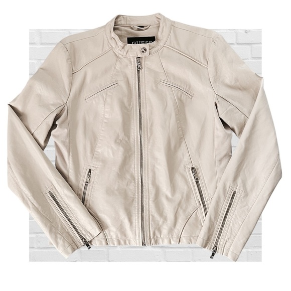Guess Cream Faux Leather Jacket Moto Feminine Size XL Lightweight Neutral Y2K - Picture 3 of 16